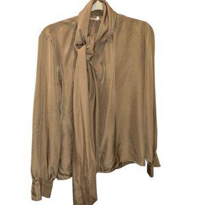 Yves saint laurent paris france vintage 100% silk khaki pussy bow top 36 M